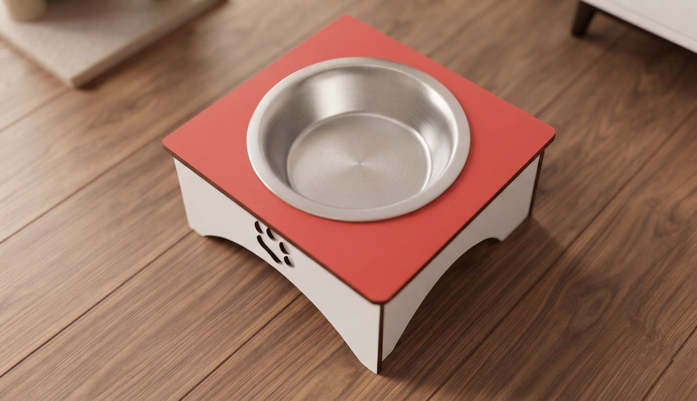 A modern elevated pet feeder and water bowl stand with a red top surface, white base, and a stainless steel bowl, shown on a wooden floor.