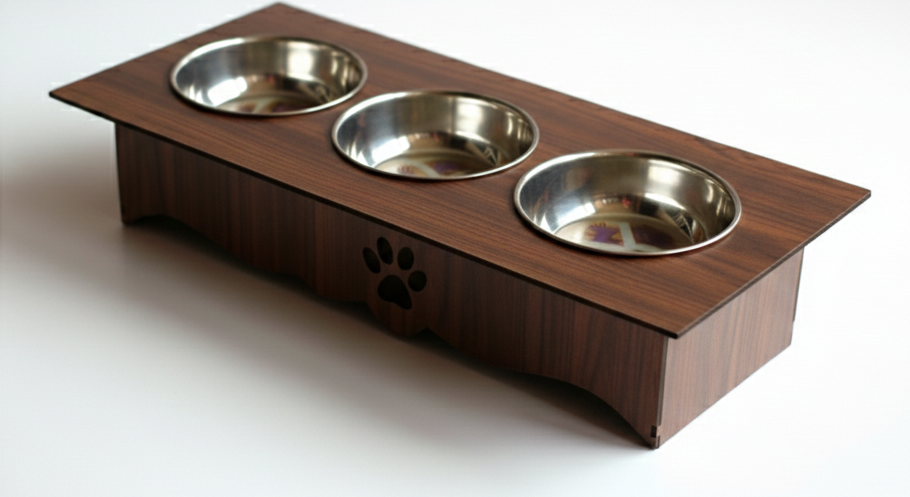 Triple Cat Bowl Stand with Stainless Steel Bowls – Modern Raised Pet Feeder