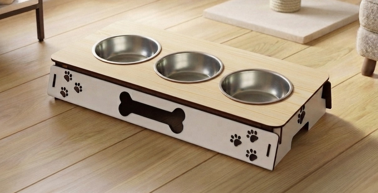 A wooden elevated pet feeder and water bowl stand with three stainless steel bowls, shown on a light wood floor in a home setting.