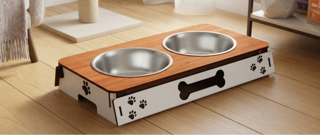 A pet elevated feeding station with two stainless steel bowls on a wooden top, set on a white base decorated with black paw prints and a bone-shaped handle, shown on a light wood floor.