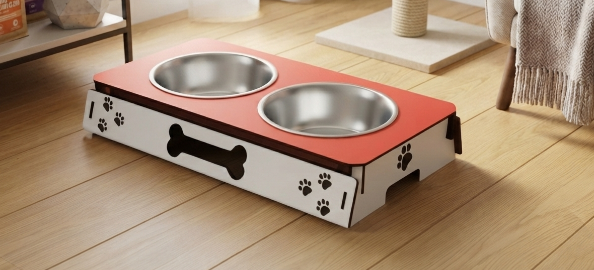 A pet elevated double bowl feeder with stainless steel bowls, set on a light wood floor in a home environment.