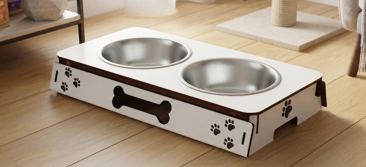 A white elevated pet feeder and water bowl stand with two stainless steel bowls, decorated with black paw prints and a bone graphic, shown on a light wood floor.