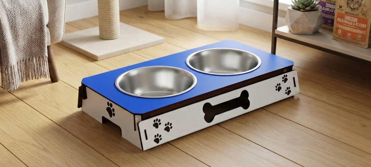 A raised double-bowl pet feeder and waterer with a blue top, stainless steel bowls, and white sides decorated with black paw prints and a bone graphic, shown on a wooden floor in a home setting.