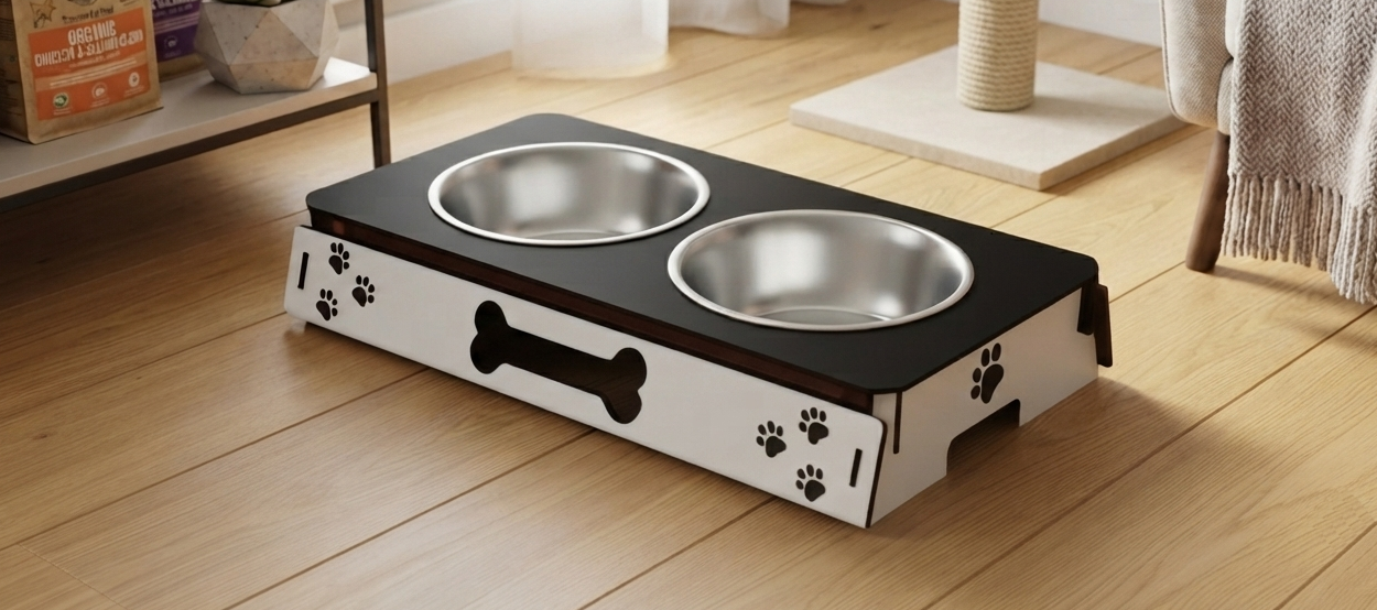 A pet elevated feeding station with two stainless steel bowls, shown on a light wood floor in a home setting.