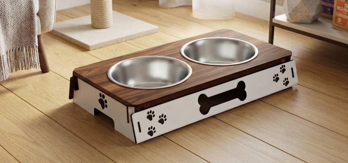 A pet elevated feeding station with two stainless steel bowls on a wooden top, set on a white base with paw print and bone cutouts, placed on a light wood floor.