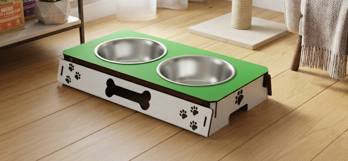 A pet elevated feeding station with two stainless steel bowls on a green and white base decorated with paw prints and a bone cutout, placed on a wooden floor in a home setting.