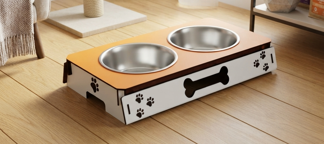 A pet elevated feeding station with two stainless steel bowls, a light wood top, and a white base decorated with black paw prints and a bone graphic, shown on a wooden floor.