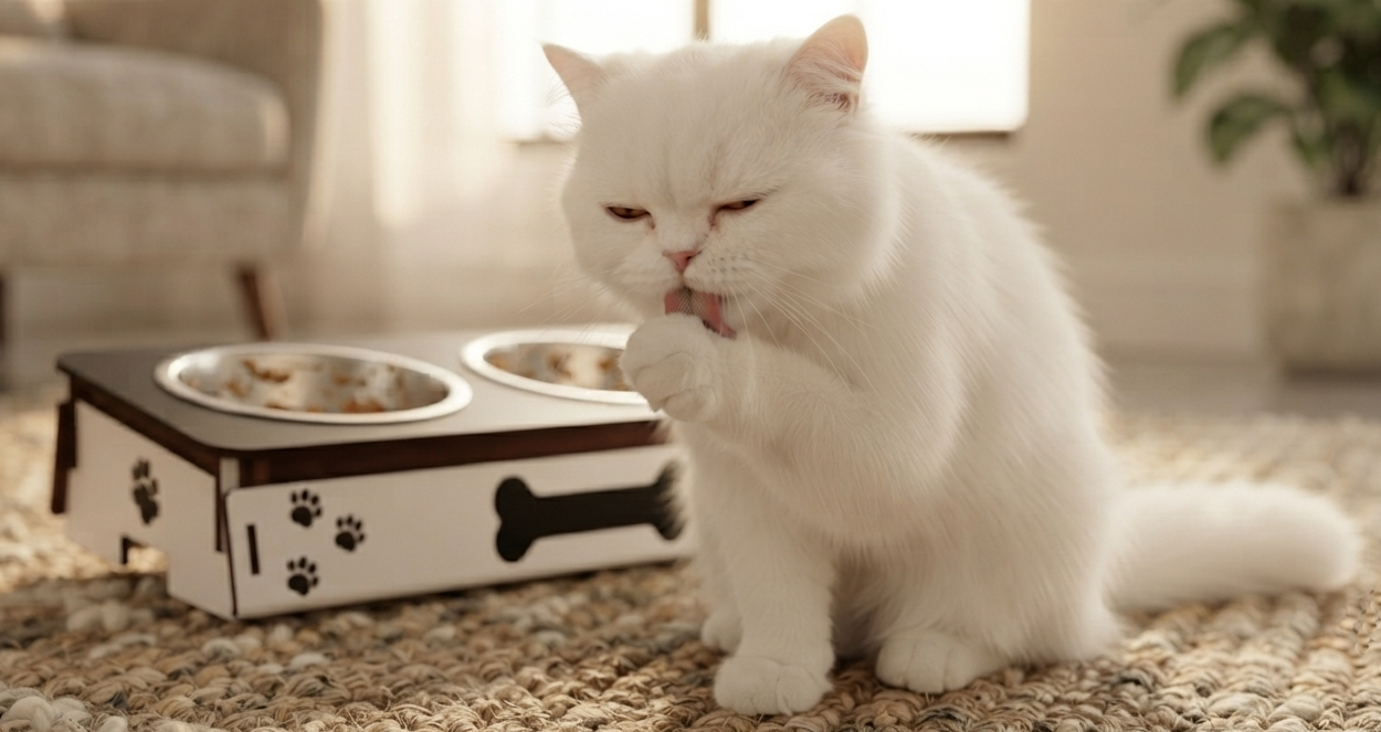A fluffy white cat sits on a textured rug next to a white and black elevated double bowl feeder with paw print and bone graphics.