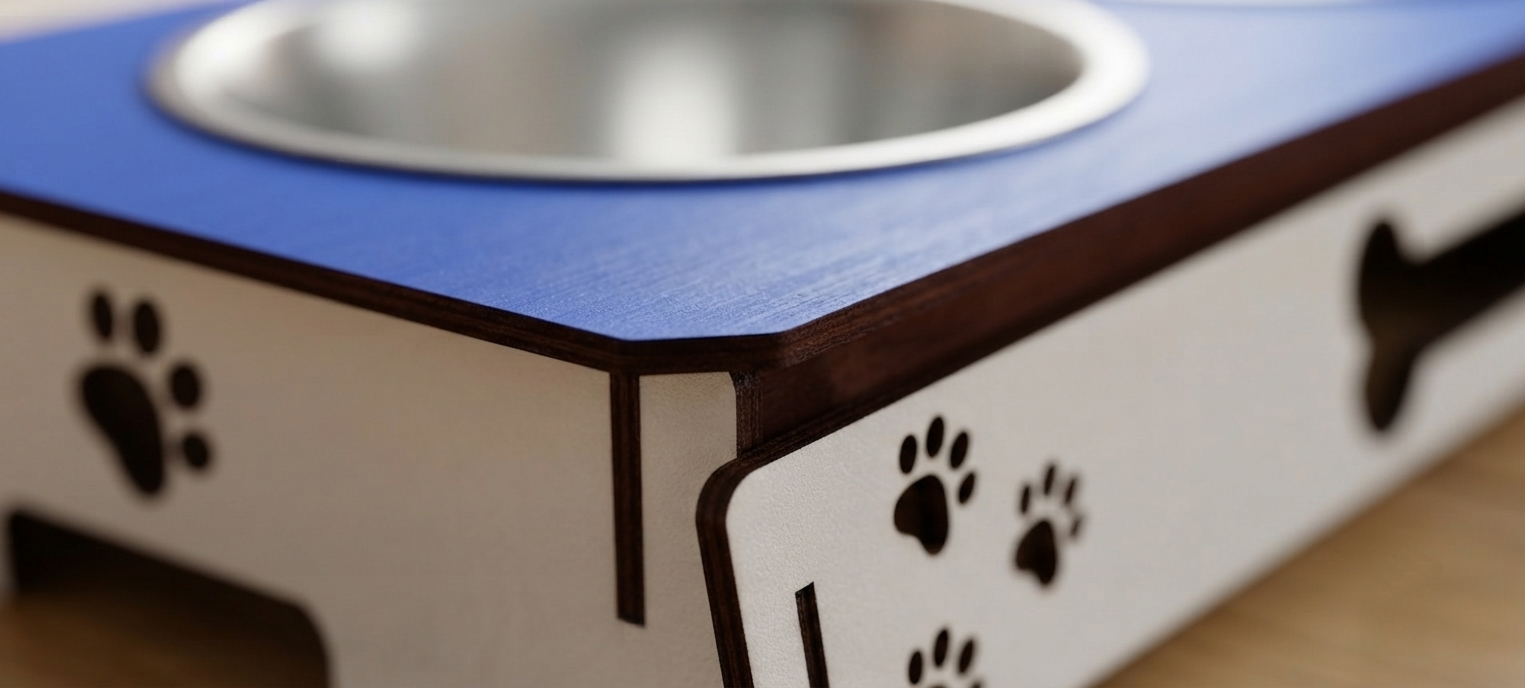 Close-up of a pet elevated feeder or bed with a blue top, white sides, dark brown trim, a stainless steel bowl, and black paw print cutouts.