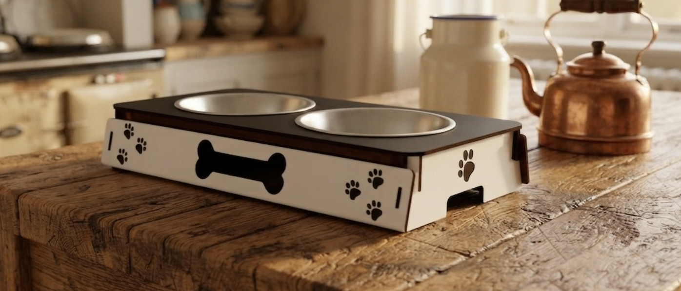 A wooden elevated pet feeder and water bowl stand with two stainless steel bowls, shown on a rustic wooden table in a warm kitchen setting.