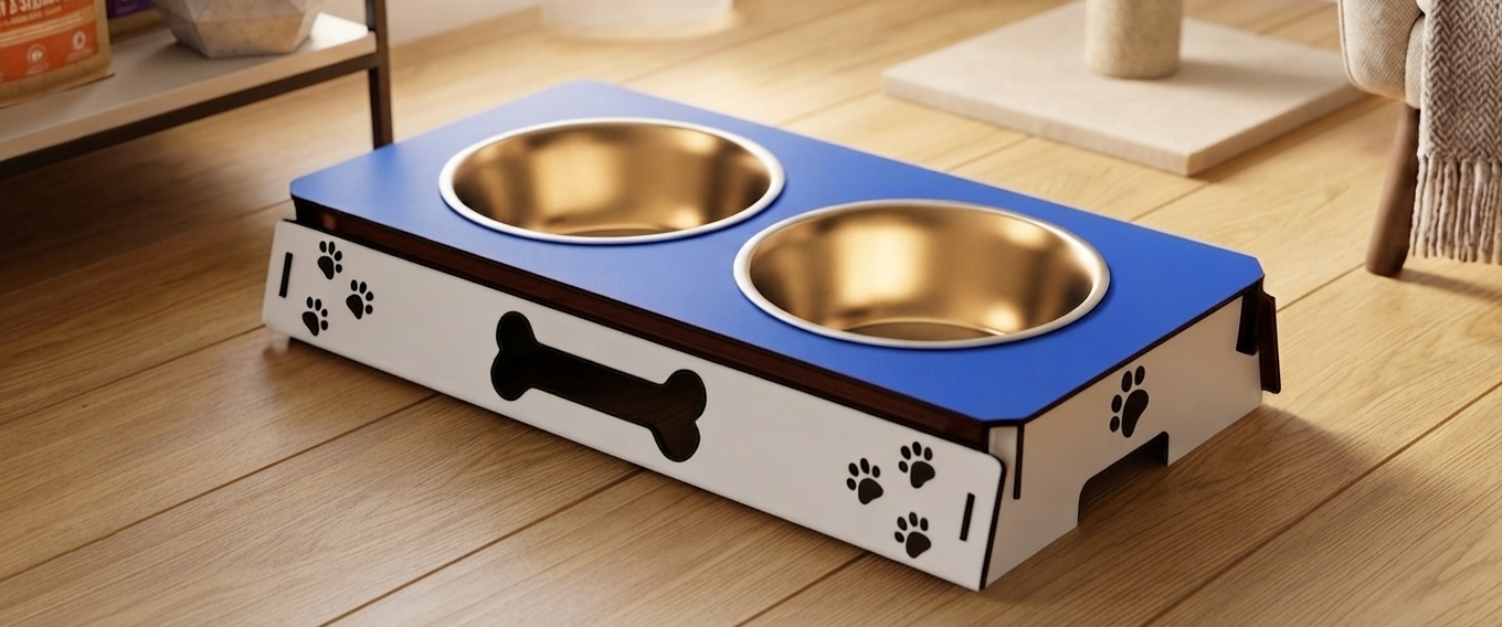A pet elevated feeding station with two stainless steel bowls, set on a wooden floor in a home environment.