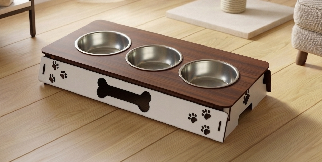 A pet feeder and waterer stand with three stainless steel bowls, featuring a dark wood top and a white base decorated with black paw prints and a bone cutout, shown on a light wood floor.
