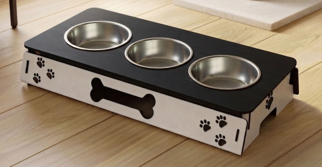 A two-tier elevated pet feeder and water bowl stand with stainless steel bowls on a black top tray and a white lower tray decorated with black paw prints and a bone cutout, shown on a light wood floor.