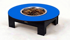 A raised circular pet feeder table with a bright blue top, black legs, and a stainless steel bowl filled with kibble, shown on a plain white background.