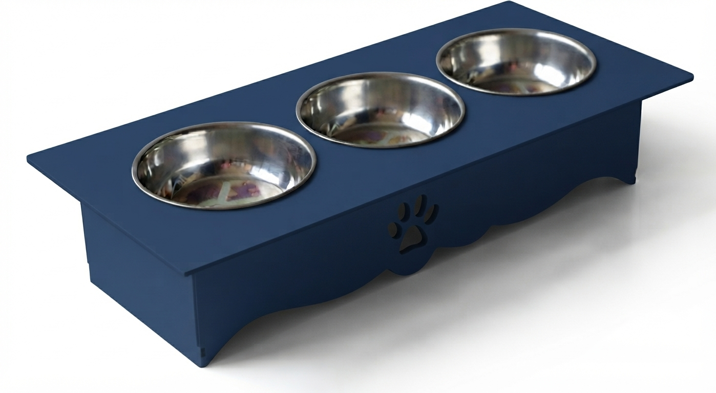 Triple Cat Bowl Stand with Stainless Steel Bowls – Modern Raised Pet Feeder