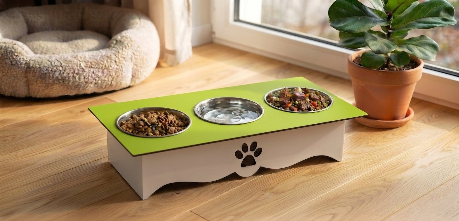 A raised pet feeder and water fountain stand with a bright green top, white base, and three bowls (two food bowls, one water bowl). It is shown on a wooden floor in a home setting next to a potted plant and a pet bed.