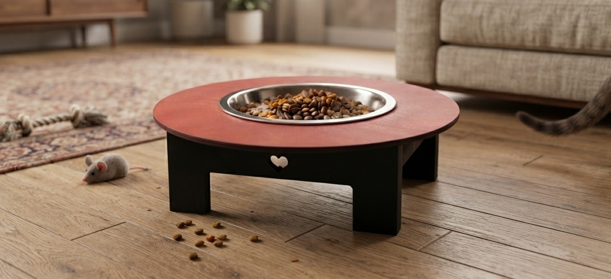 A raised pet feeder table with a round reddish-brown wooden top, black legs, and a stainless steel bowl filled with kibble, set on a wooden floor in a living room with a cat nearby.