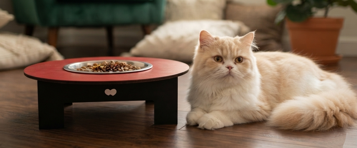 A fluffy cream-colored cat lies on a wooden floor next to a small elevated round table with a metal food bowl containing dry cat food, in a cozy living room setting.