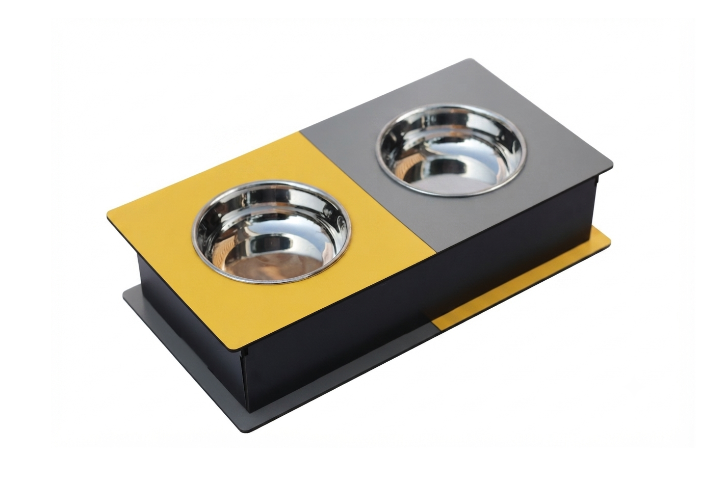 A two-bowl pet feeder and waterer stand with a black base, a split yellow and gray top, and stainless steel bowls on each side, shown on a white background.